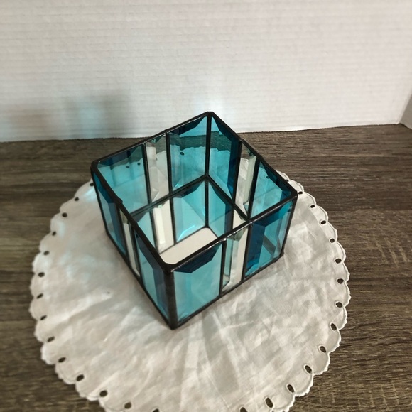 Handmade Teal Stained Glass Square Candle Holder - Picture 2 of 11